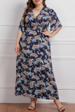 Deep Blue Fashion Casual Plus Size Print Patchwork V Neck Short Sleeve Dress