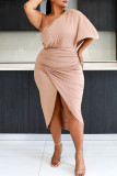 ピンク ファッション カジュアル プラス サイズ ソリッド パッチワーク オブリーク カラー イレギュラー ドレス