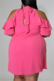 Rose Red Fashion Casual Plus size effen uitgeholde coltrui jurk met korte mouwen