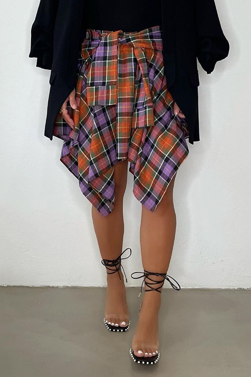 

Purple Orange Fashion Street Plaid Print Bandage Patchwork Asymmetrical High Waist Type A Full Print Bottoms