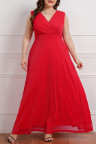 Vestido sin mangas con cuello en V de patchwork sólido de talla grande sexy rojo de moda