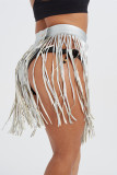 Silver Fashion Sexy Solid Tassel Patchwork Regular High Waist Skirt