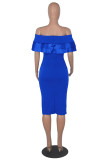 Blauwe mode casual effen patchwork rugloze off-shoulder jurk met korte mouwen