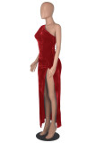 Красное модное сексуальное однотонное платье без рукавов с вырезом на спине и косым воротником