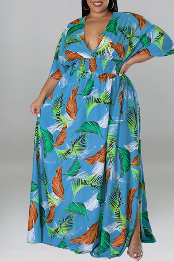 Peacock Blue Casual Print Patchwork Slit V Neck Straight Plus Size Robes