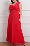 Röd Mode Sexig Plus Size Solid Patchwork V-hals ärmlös klänning