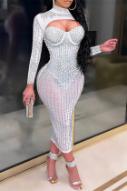 Белое модное сексуальное лоскутное горячее сверление, прозрачное полупрозрачное платье с длинным рукавом