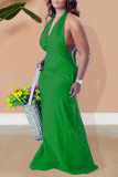 グリーンセクシーなソリッドパッチワークバックレスホルターAラインプラスサイズのドレス