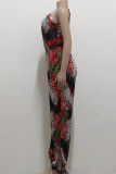 Multicolor Sexy Print Patchwork Slit Spaghetti Strap Straight Jumpsuits