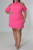 Розово-красное модное повседневное платье больших размеров с короткими рукавами и водолазкой