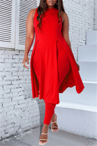 Red Fashion Casual Solid Slit O Neck Sleeveless Two Pieces