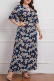 Deep Blue Fashion Casual Plus Size Print Patchwork V Neck Short Sleeve Dress