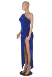 Синее модное сексуальное однотонное платье без рукавов с вырезом на спине и косым воротником