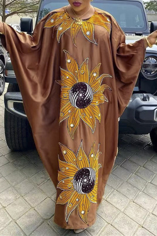 Robes de grande taille marron à la mode décontractée imprimée basique col rond manches longues