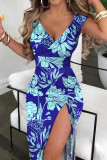 Синий сексуальный принт в стиле пэчворк с разрезом V-образным вырезом прямые платья