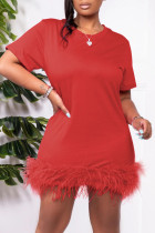 Rode mode casual effen patchwork veren O-hals rechte jurken