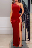 Rode mode sexy effen rugloze spleet schuine kraag mouwloze jurk