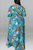 Peacock Blue Casual Print Patchwork Slit V Neck Straight Plus Size Dresses