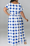 ブルーカジュアルプリントパッチワークスリットOネックストレートプラスサイズのドレス
