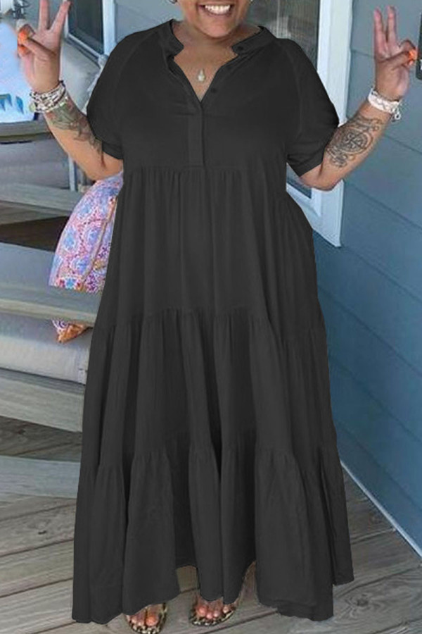 ブラックカジュアルソリッドパッチワークフォールドターンダウンカラーストレートプラスサイズのドレス