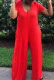Red Fashion Casual Solid Basic V-hals Regular Jumpsuits