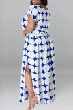 ブルーカジュアルプリントパッチワークスリットOネックストレートプラスサイズのドレス