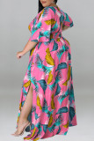 Jaune citron décontracté imprimé patchwork fente col en V droite grande taille robes