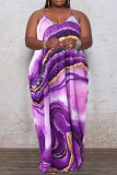 Фиолетовое модное сексуальное длинное платье больших размеров с принтом и открытой спиной на тонких бретелях