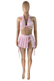 Conjunto de tres piezas de trajes de baño sin espalda con vendaje estampado a rayas sexy de moda rosa (sin rellenos)