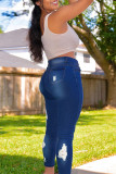 Mörkblått Mode Casual Print Rippet Patchwork Skinny Jeans med hög midja