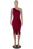 バーガンディ ファッション セクシー ソリッド バックレス 非対称 斜め襟 ノースリーブ ドレス