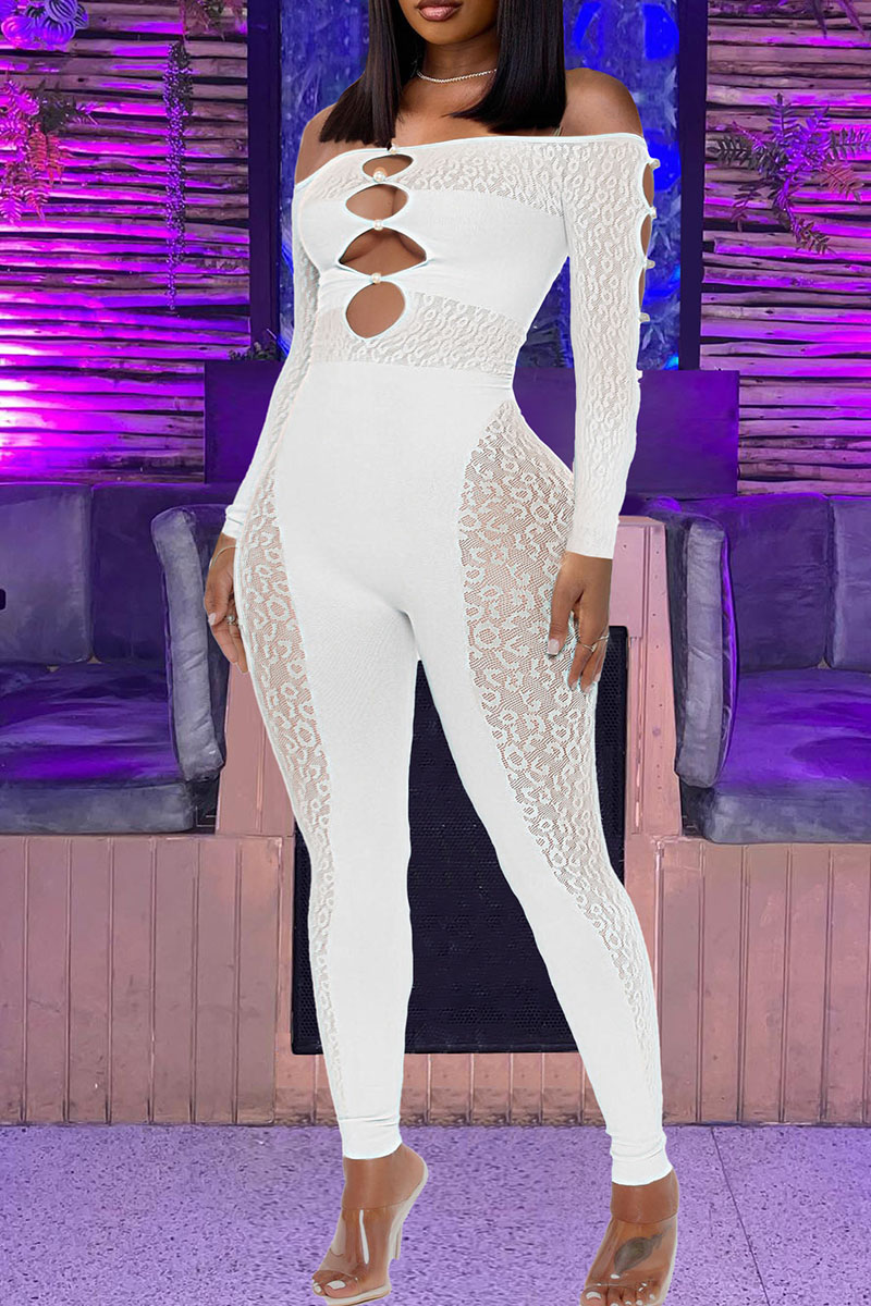 

White Sexy Solid Hollowed Out Patchwork See-through Off the Shoulder Skinny Jumpsuits