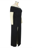 Zwarte mode casual plus size effen spleet off-shoulder lange jurk
