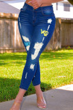 Donkerblauwe, modieuze, casual gescheurde patchwork skinny jeans met hoge taille en print