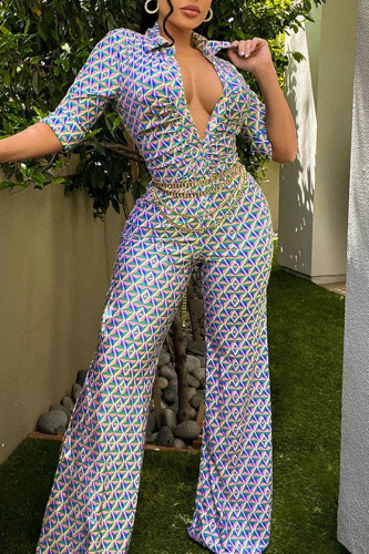 Blue Fashion Casual Print Patchwork Buckle Turndown Collar Straight Jumpsuits(Without Belt)