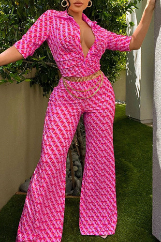 Pink Fashion Casual Print Patchwork Buckle Turndown Collar Straight Jumpsuits(Without Belt)