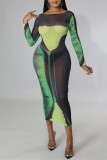 Groene Mode Sexy Print Doorschijnende O-hals Jurken met Lange Mouwen