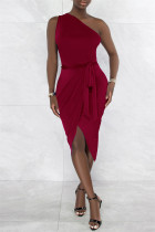 バーガンディ ファッション セクシー ソリッド バックレス 非対称 斜め襟 ノースリーブ ドレス