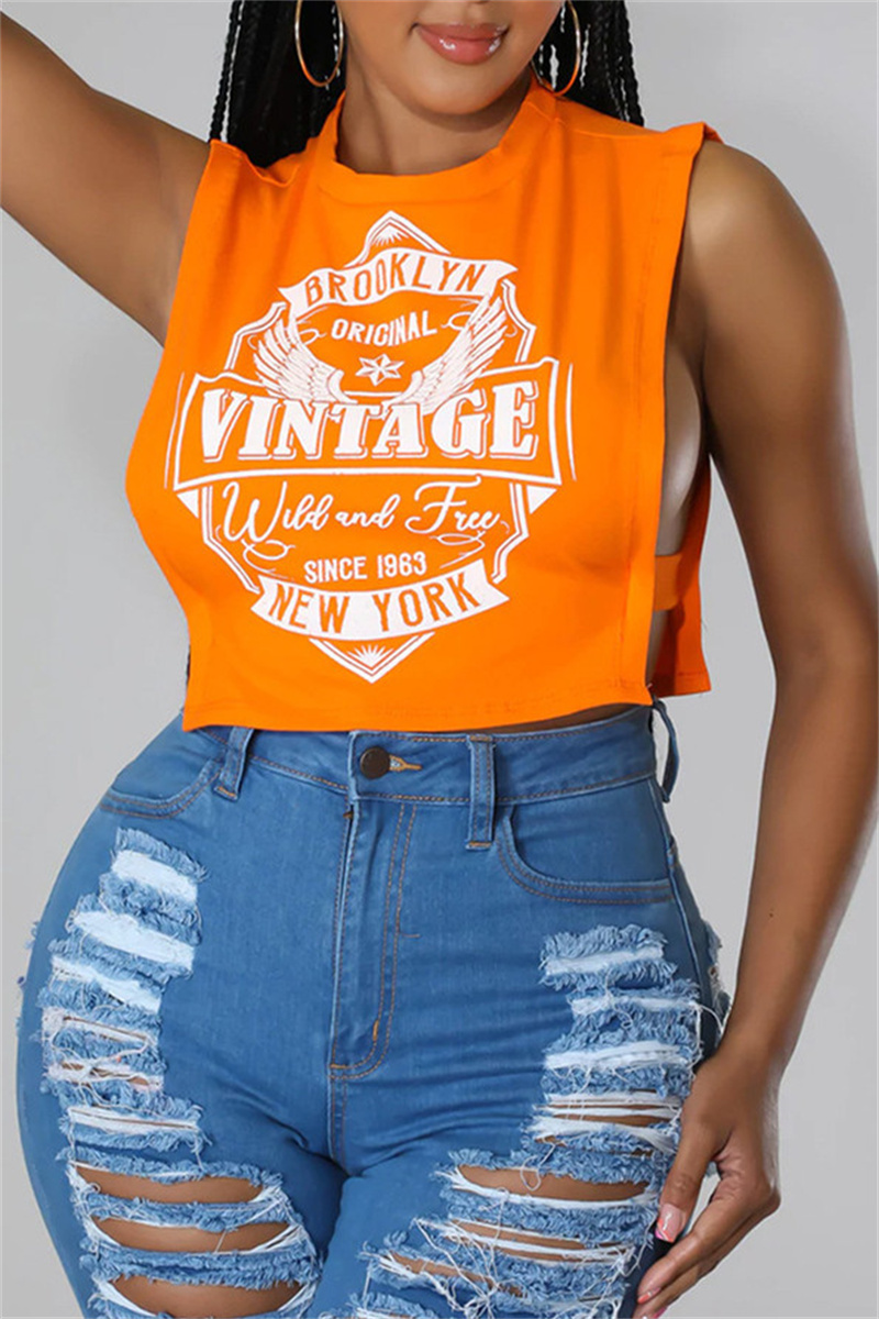 

Orange Fashion Casual Print Hollowed Out O Neck Tops