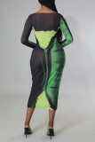 Grüne Mode Sexy Print Durchsichtige Langarmkleider mit O-Ausschnitt