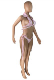 Moda rosa sexy listrado estampado bandagem sem costas conjunto de três peças (sem acolchoamento)