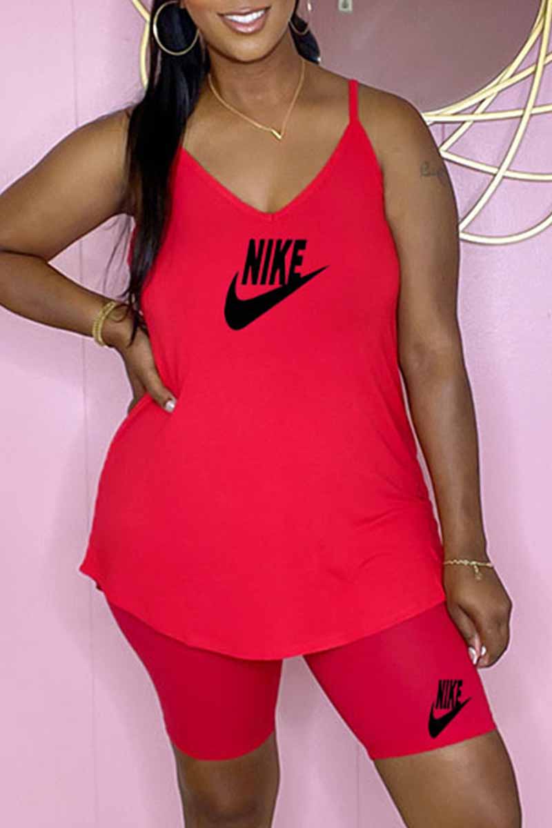 

Red Fashion Casual Print Letter Spaghetti Strap Sleeveless Two Pieces
