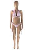 Pink Fashion Sexy Striped Print Bandage Backless Swimwears Dreiteiliges Set (Ohne Polsterung)