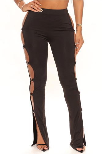 Black Fashion Casual Solid Hollowed Out Slit Skinny High Waist Trousers
