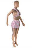 Pink Fashion Sexy Striped Print Bandage Backless Swimwears Dreiteiliges Set (Ohne Polsterung)