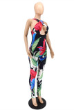 Multicolor Fashion Sexy Print ausgehöhlter rückenfreier V-Ausschnitt Skinny Jumpsuits
