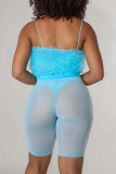 Sky Blue Fashion Sexy Solid Patchwork See-through Backless Spaghetti Strap senza maniche in due pezzi