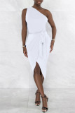 Белое модное сексуальное однотонное платье без рукавов с открытой спиной и асимметричным косым воротником