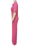Macacão reto rosa moda casual estampa patchwork fivela virada para baixo (sem cinto)