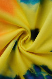 Gelber Casual Print Tie Dye Patchwork Spaghetti Strap Plus Size Zweiteiler